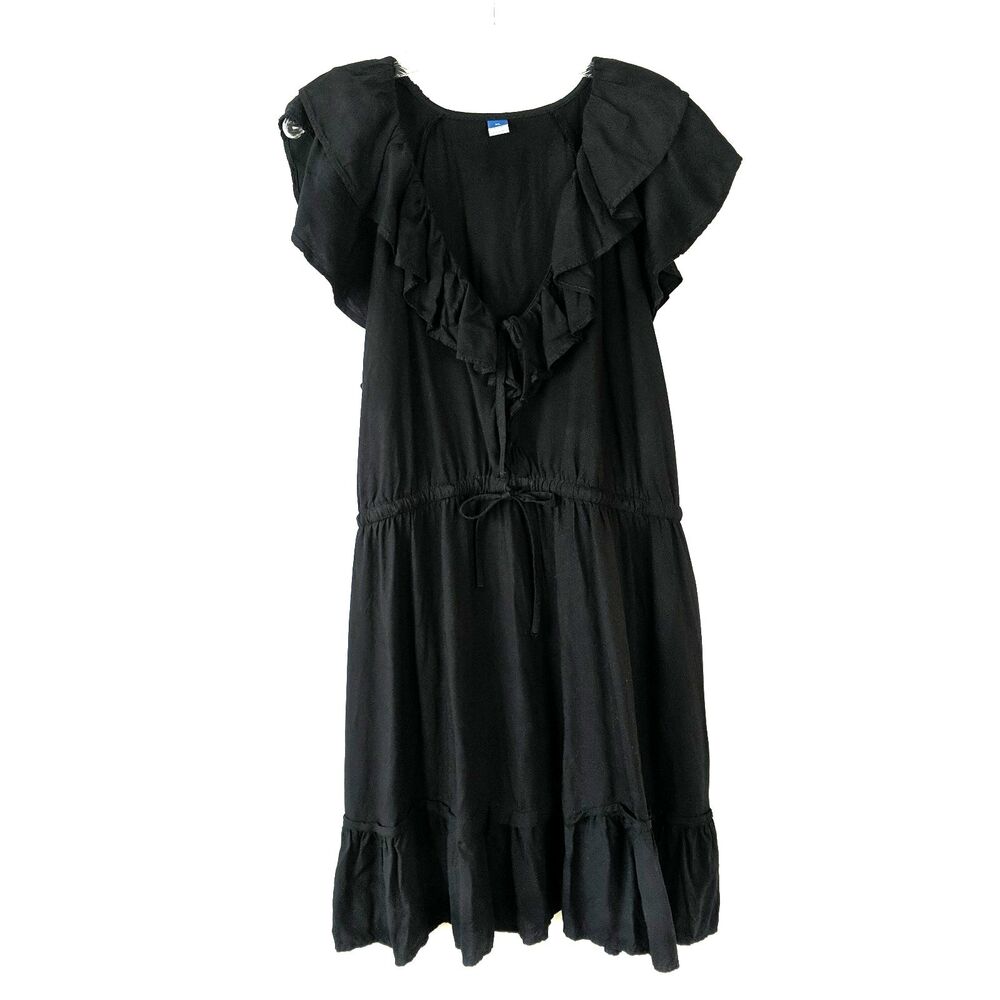 Old Navy Black Ruffle V-Neck Above Knee Dress Size XL Elastic Waist Rayon